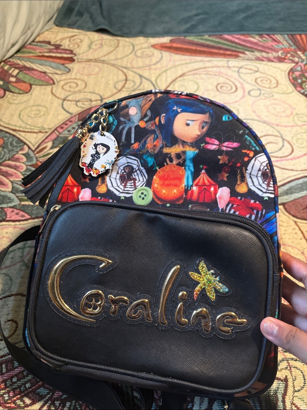 Coraline Backpack - Black with Multicolor Coraline Print